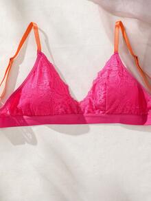 SHEIN Conjunto De Lencería Con Ribete De Encaje - Rosa Fucsia - Ver 5