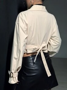 SHEIN Unity Lapel Neck Drop Shoulder Belted Crop Trench Coat - Apricot - View 2