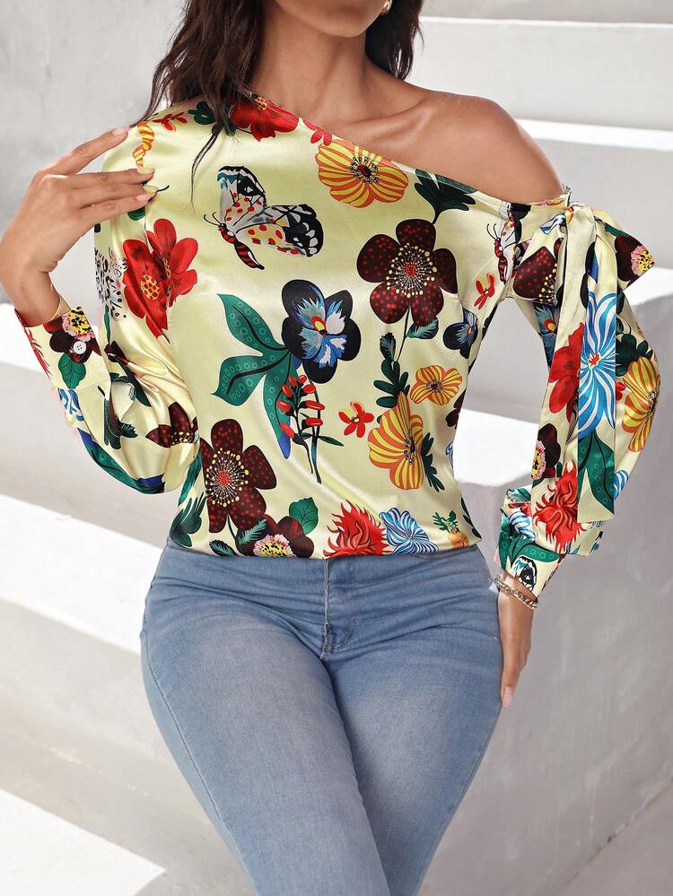 Floral Butterfly Pattern Asymmetrical Collar Shirt