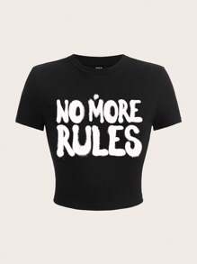 SHEIN EZwear Áo thun ngắn tay dáng ngắn in chữ thông thường dành cho nữ, mùa hè - màu đen - Xem 1