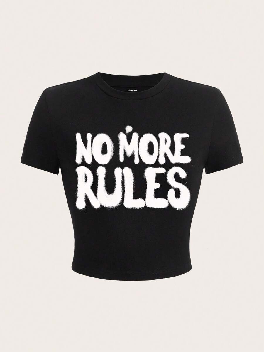 SHEIN EZwear Áo thun ngắn tay dáng ngắn in chữ thông thường dành cho nữ, mùa hè - màu đen - Xem 1