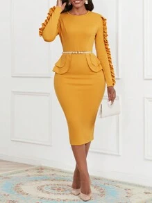 SHEIN Lady Viền Ruffle Váy bodycon Không có thắt lưng - Màu vàng - Xem 1