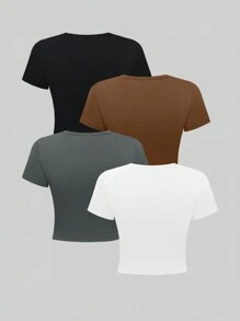INAWLY 4pcs Solid Round Neck Tee