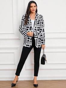 SHEIN Clasi Women's All Over Printed Regular Fit Jacket With Lapel Collar - Black and White - View 7