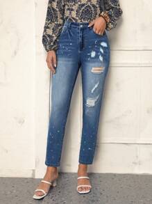 SHEIN LUNE 仿舊抽鬚傾斜口袋錐形牛仔褲 - 藍色 - 查看 4