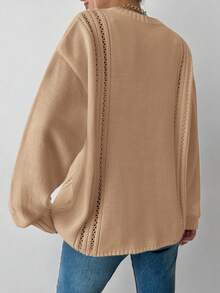 SHEIN Cottnline 純色鏤空針織落肩毛衣 - 杏色 - 查看 2