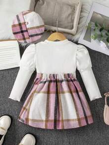 SHEIN 女孩格紋T恤半身裙貝雷帽優雅復古時尚濃烈香調套裝秋天和冬天 - 粉色 - 查看 2