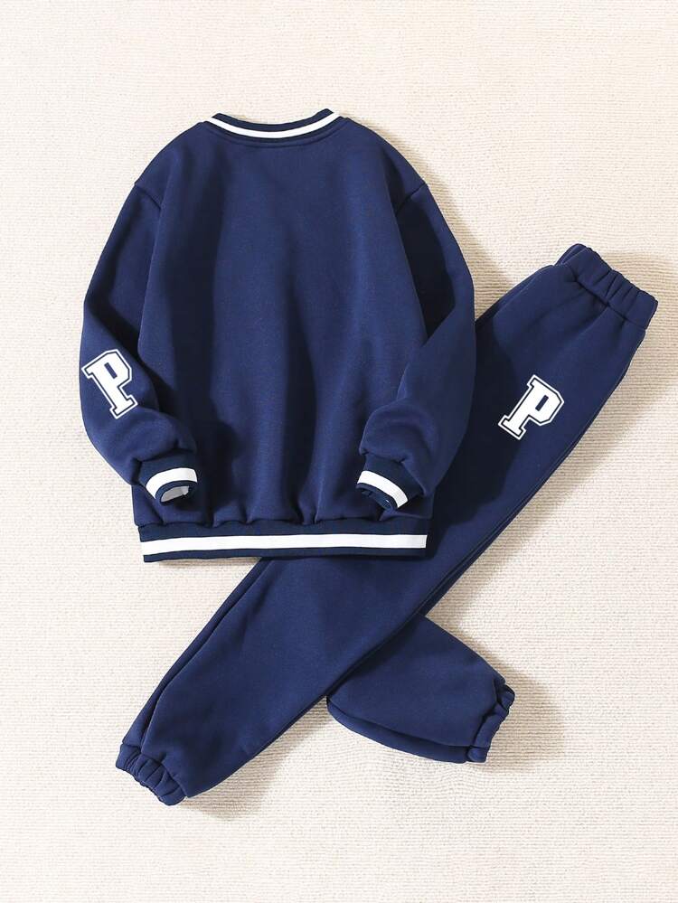 Tween Girls' Casual College Style V-Neck Letter Printed Sweatshirt And Corduroy Pants Set With Thermal Lined , Autumn Winter, Family Matching Outfits, Mommy And Me (Sets Sold Separately)