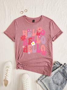 SHEIN Lady Camiseta con letra & con patrón floral - Rosa - Ver 1