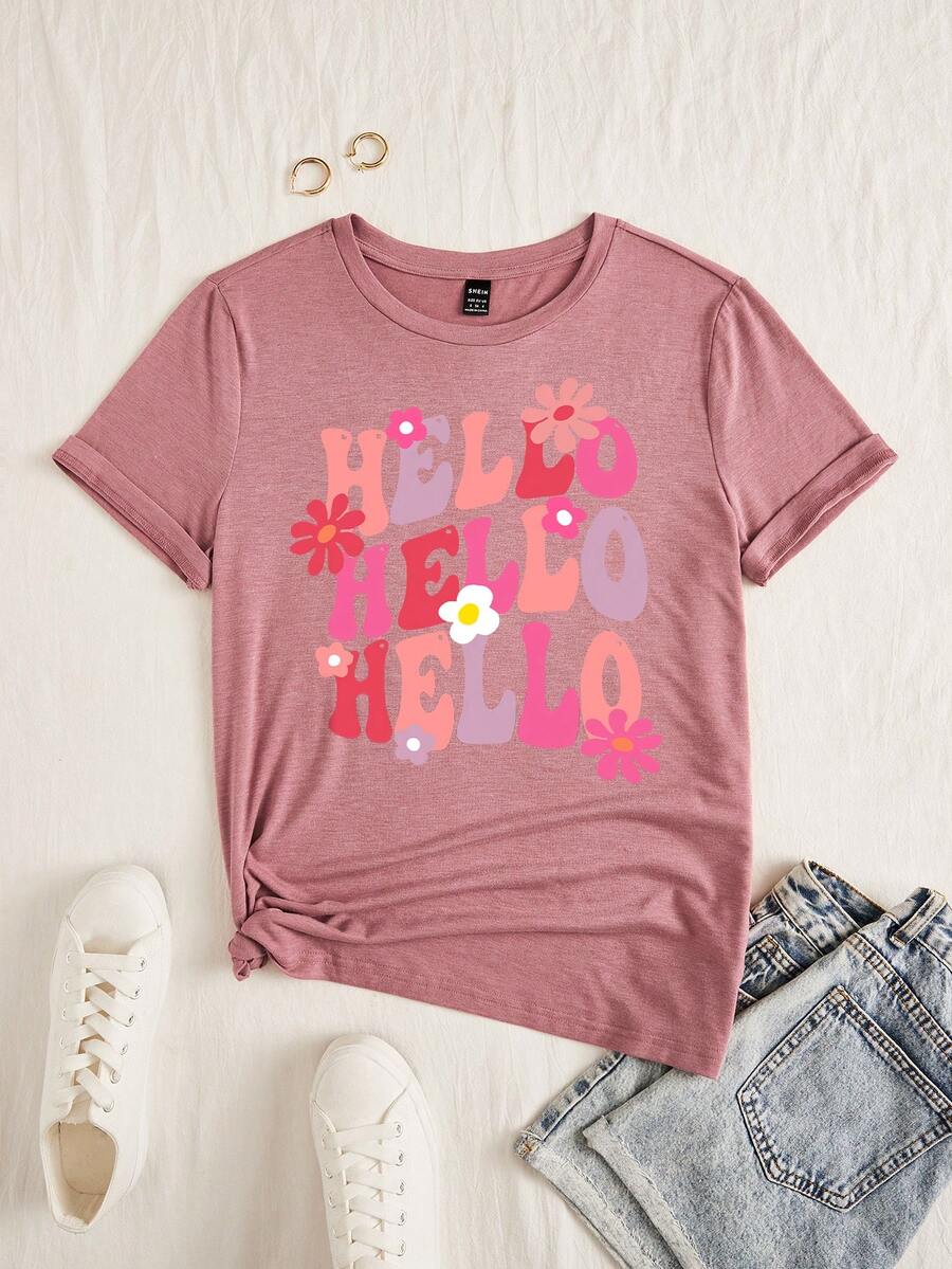 SHEIN Lady Camiseta con letra & con patrón floral - Rosa - Ver 1