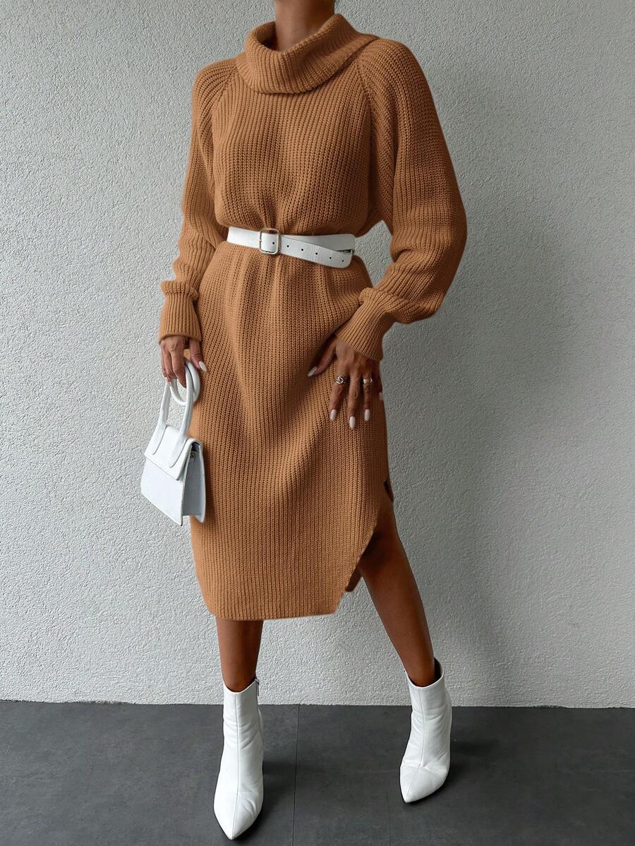 EURMUSE Women'S Solid Color Draped Collar Raglan Sleeve Sweater Dress (Belt Not Included) - Camel - View 1