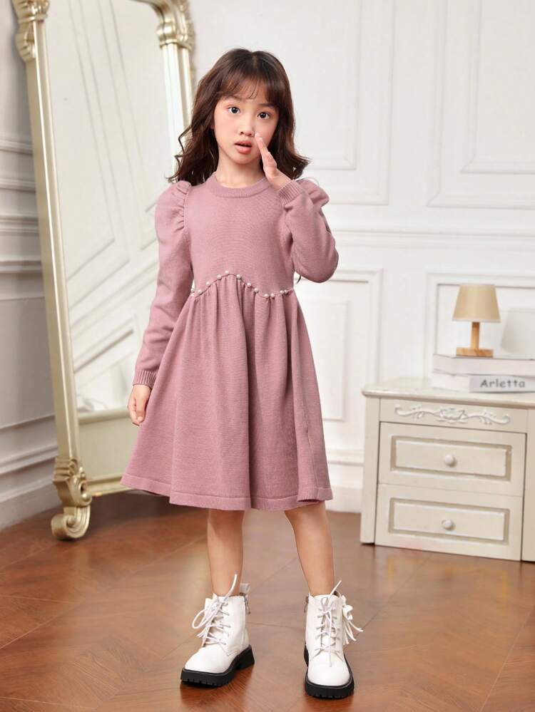 Toddler Girls' Loose Fit Knee Length Pullover Sweater Dress With Round Neckline For Casual Occasions