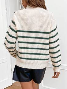 SHEIN Frenchy 加褶邊的條紋毛衣 - 綠色 - 查看 2