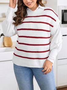 Calvaya Plus Striped Pattern Drop Shoulder Knit Top Without Blouse - White - View 3
