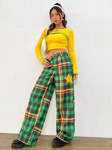 SHEINNeu 女性星星&格紋圖案闊腿褲 - 綠色 - 查看 4