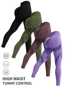 無縫高彈力運動打底褲 - 彩色 - 查看 1