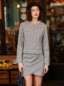 SHEIN Frenchy Plaid Button-up Jacket And Skirt Set - Multicolor - View 3