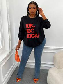 Slaydiva Plus Letter Graphic Drop Shoulder Sweatshirt - Black - View 5