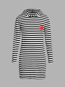 SHEIN 女大童2入組條紋和心形印花連帽洋裝 - 黑色 - 查看 6