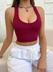 瑜伽纯色罗纹交叉设计无钢圈文胸 - 酒紅色 - 查看 5