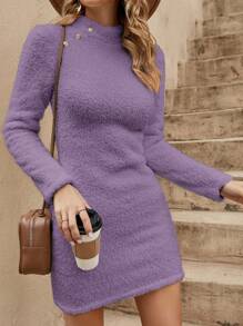 SHEIN Clasi Cổ giả Chi tiết Nút Váy liền áo vừa vặn - Màu tím hoa cà - Xem 1