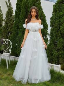 Off Shoulder Đèn treo tường Lưới Váy dự tiệc - trắng - Xem 5