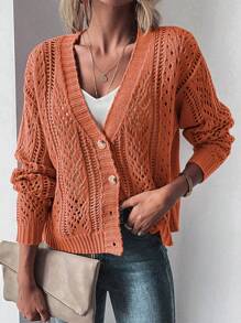 SHEIN LUNE 女性下垂肩開襟針織衫外套 - 橘色 - 查看 7
