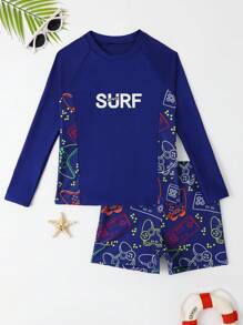 SHEIN 青少年男孩電子遊戲印花長袖t恤和泳裝套裝,隨機印花 - 藏蓝色 - 查看 1