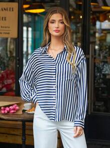 SHEIN Frenchy Camisa con estampado de rayas botones a frente con bolsillo - Azul y blanco - Ver 3
