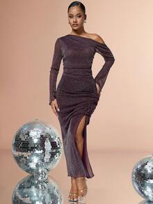 Asymmetrical Neck Shiny Long Sleeve 3D Floral Pleated Slit Party Dress - Purple - View 7