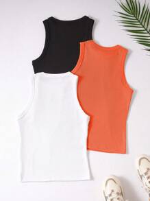 SHEIN Unity 3入組女士純色肋紋背心 - 橘色 - 查看 2