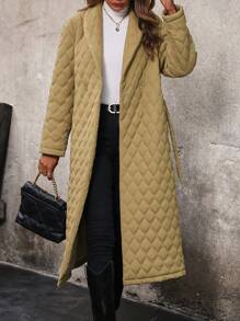 SHEIN Clasi 女士加厚棉袄外套冬季衣服带披肩领、丝带腰带 - 橄欖綠 - 查看 4