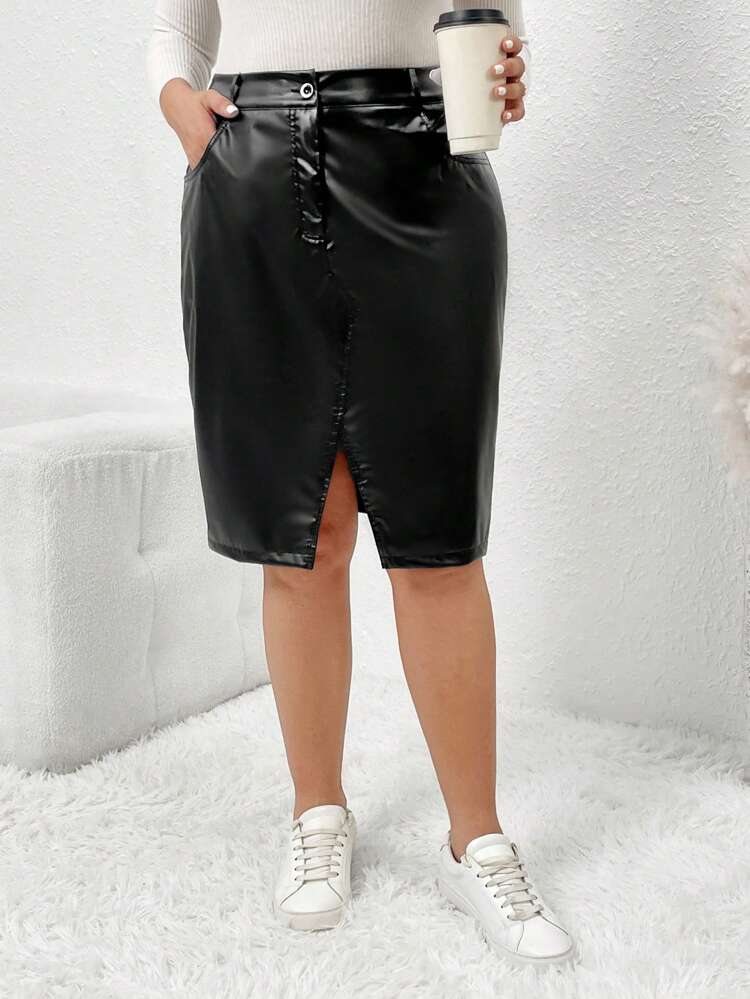 Plus Size Faux Leather Split Hem Skirt