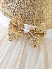 Explorewe 少女金色閃爍網眼無袖連衣裙,配有蝴蝶結 - 金色 - 查看 3