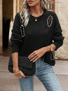 SHEIN Essnce Pearls Beaded Drop Shoulder Ripped Sweater - Black - View 5