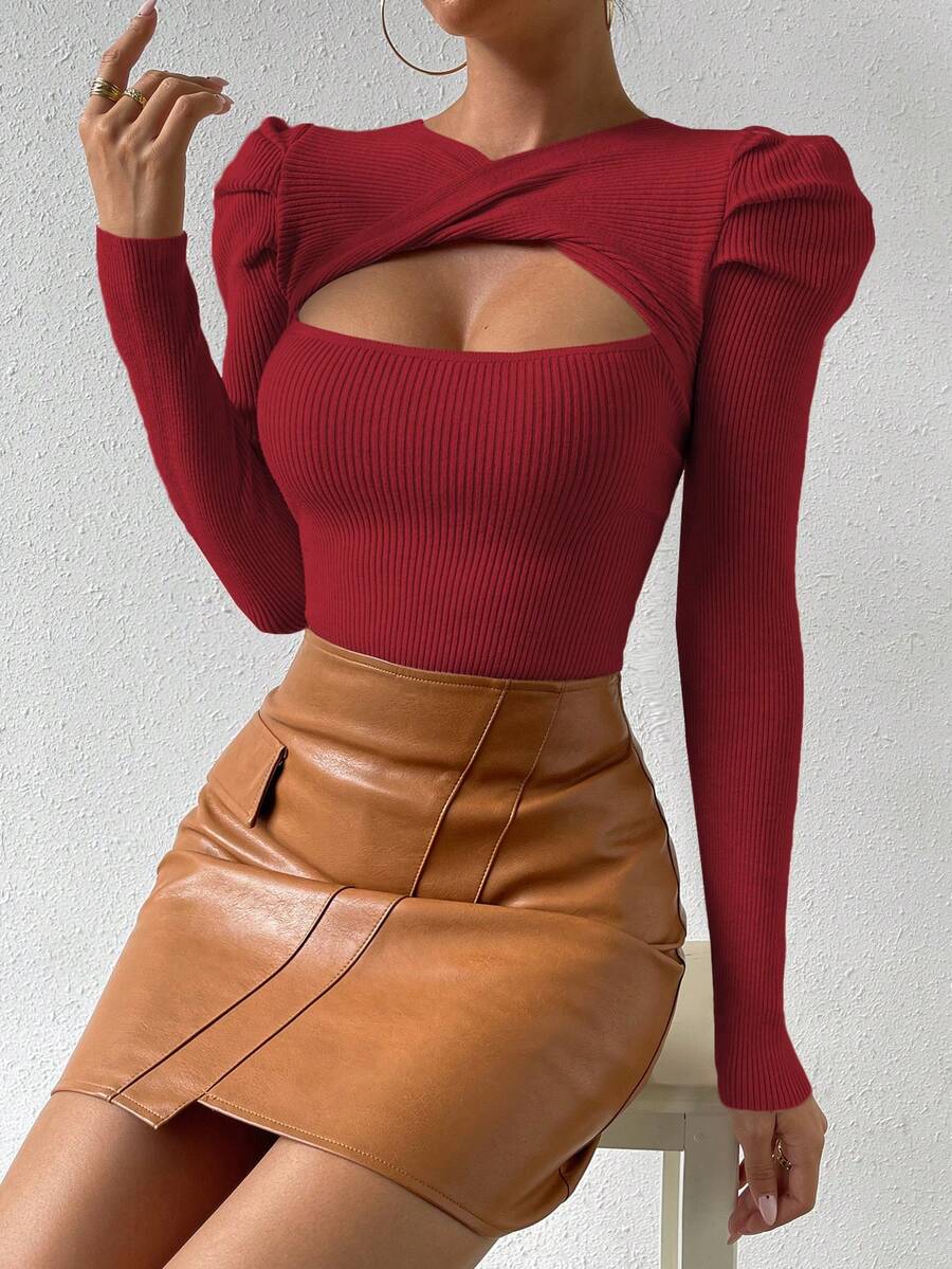 SHEIN Essnce Của phụ nữ Chân của tay áo cừu Rỗng Áo len - Màu Đỏ Sâu - Xem 1