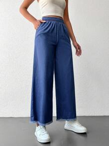 EURMUSE 100%Cotton Wide-Leg Pants With Elasticated Waist And Diagonal Pockets - Dark Wash - View 3