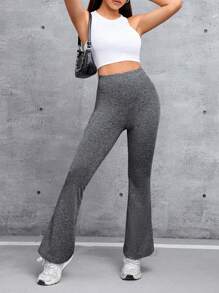 SHEIN PETITE Women's Solid Color High Waisted Wide Leg Pants - Grey - View 4