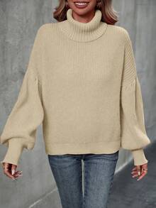 SHEIN Privé Của phụ nữ Cổ cao Màu thuần Tay áo lồng đèn Áo len - Màu be - Xem 3