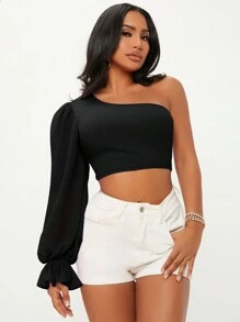 SHEIN SXY Của phụ nữ Một bờ vai Quần skinny Áo - màu đen - Xem 1