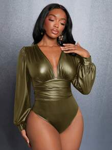 Slaydiva Bộ đồ liền thân Slayr thanh lịch và gợi cảm cổ chữ V sâu tay dài bằng da PU màu xanh quân đội dành cho nữ - xanh quân đội - Xem 4