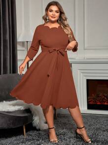 SHEIN Clasi Plus Scallop Trim Belted Dress - Rust Brown - View 5