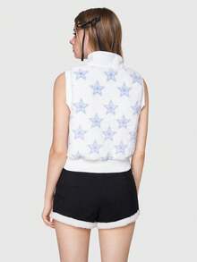 ROMWE Kawaii Women's Plush Star Patterned Vest Jacket - White - View 3
