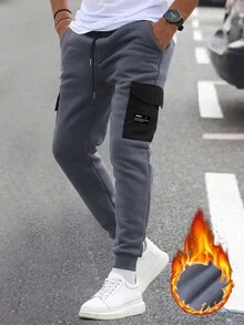 Manfinity Homme Nam Đồ họa Chữ cái Túi có nắp Eo dây rút Nhiệt Quần - Màu xám đen - Xem 8