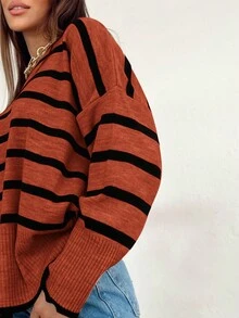 RueChic Women's Striped V-neck Loose Knit Sweater - Orange - View 3