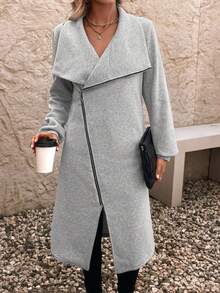 SHEIN LUNE 女士翻領拉鍊前設計的連帽外套,版型合身 - 淺灰色 - 查看 6