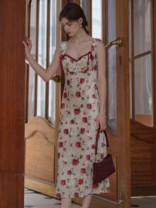 Simple Retro Polyester In Cổ vuông Trượt Dài Đầm - Màu Hoa hồng đỏ - Xem 5