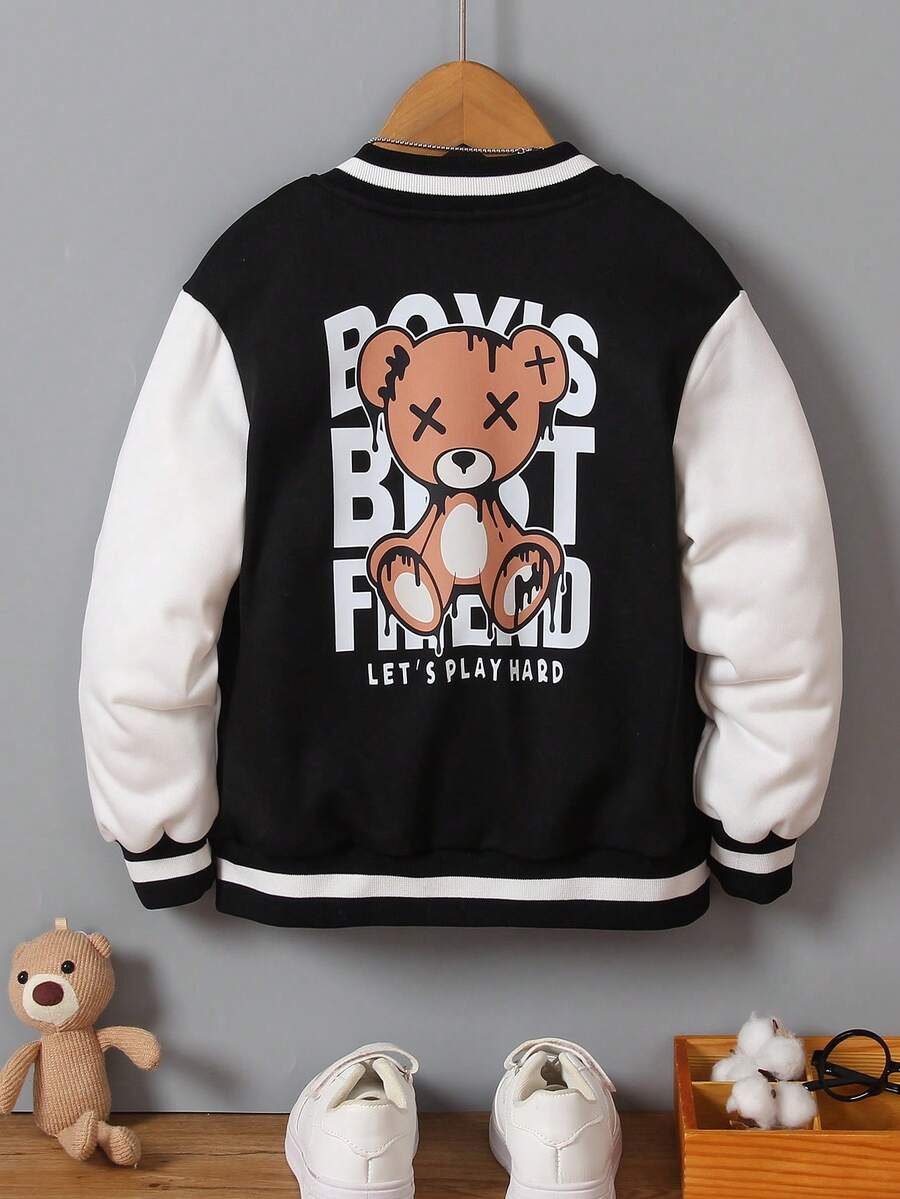 SHEIN 男童字母和卡通印花棒球夾克 - 黑與白 - 查看 1