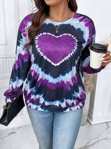 SHEIN LUNE 大码女式爱心扎染印花卫衣，适合毕业季、返校季、教师节等场合，秋季新款套头卫衣 - 紫色 - 查看 3