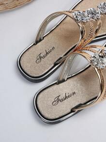 Rhinestone Detail Summer Elegant Flat Sandals - Gold - View 7